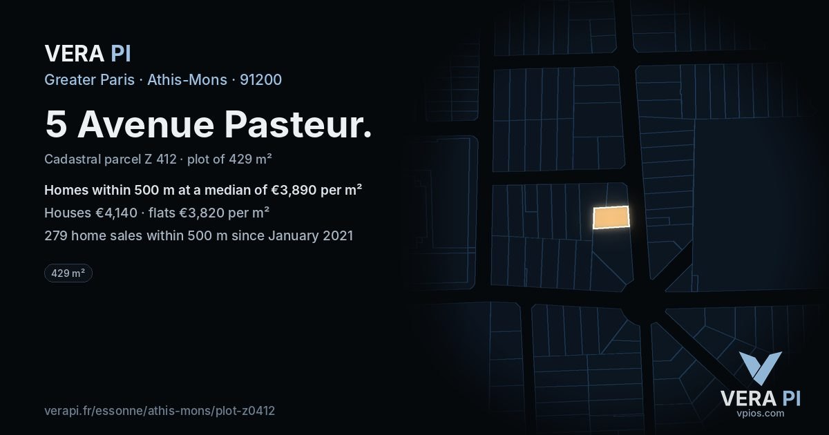 5 Avenue Pasteur, Athis-Mons at night – the plot lit, the parcels around coloured by the prices near them
