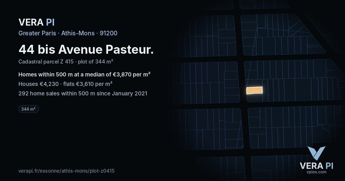 44 bis Avenue Pasteur, Athis-Mons at night – the plot lit, the parcels around coloured by the prices near them