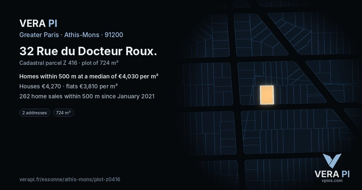 32 Rue du Docteur Roux, Athis-Mons at night – the plot lit, the parcels around coloured by the prices near them