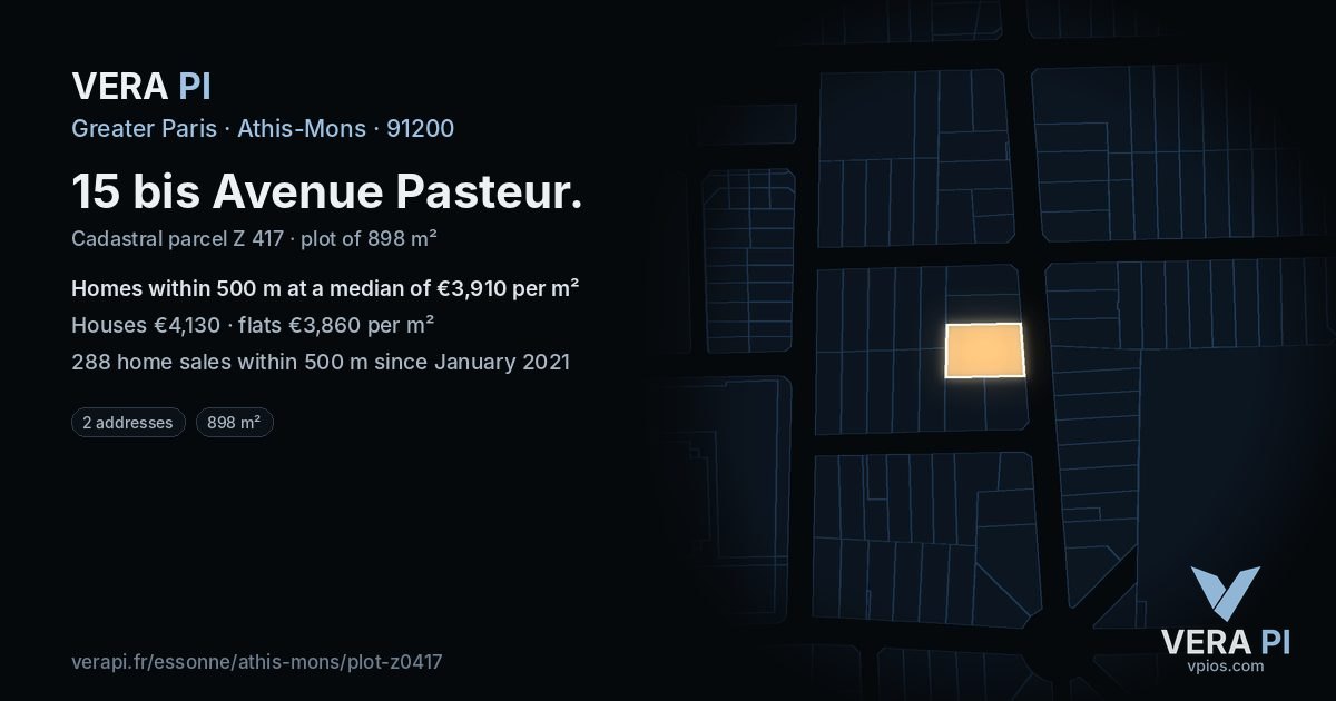 15 bis Avenue Pasteur, Athis-Mons at night – the plot lit, the parcels around coloured by the prices near them