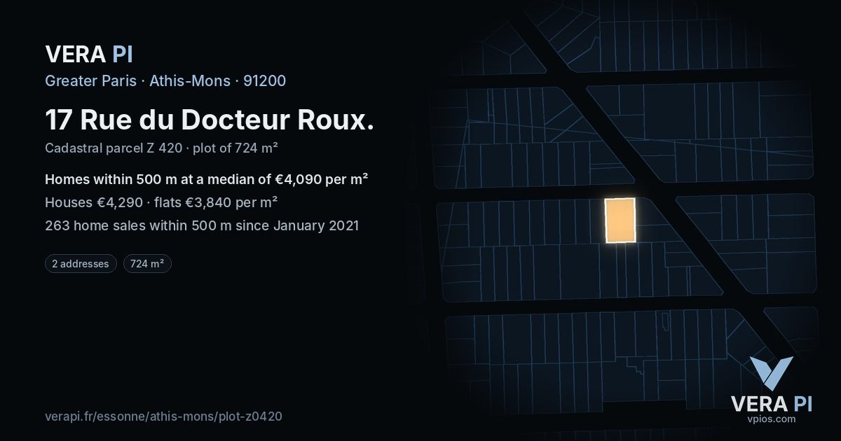 17 Rue du Docteur Roux, Athis-Mons at night – the plot lit, the parcels around coloured by the prices near them