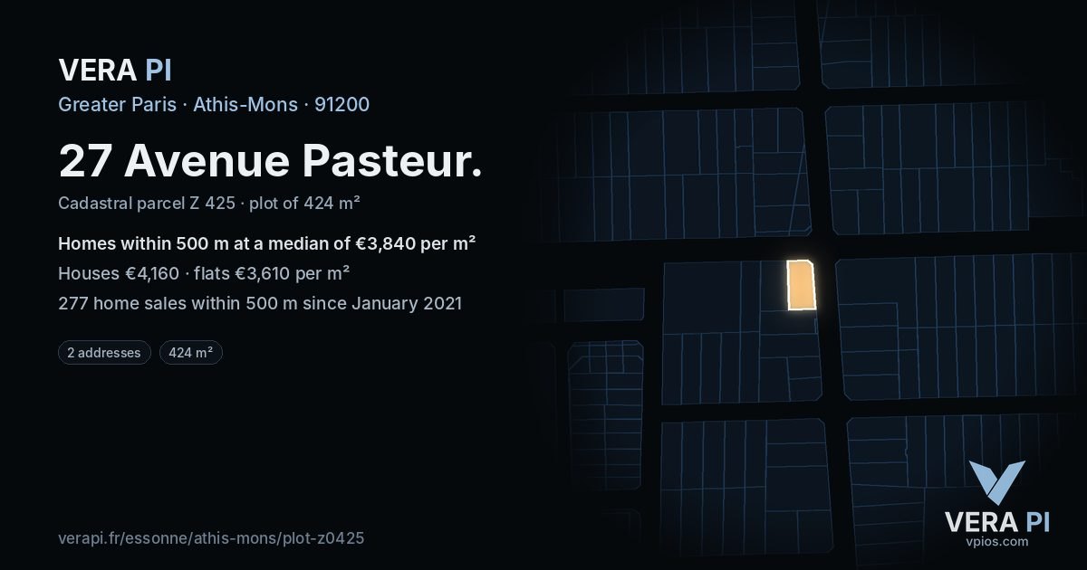 27 Avenue Pasteur, Athis-Mons at night – the plot lit, the parcels around coloured by the prices near them