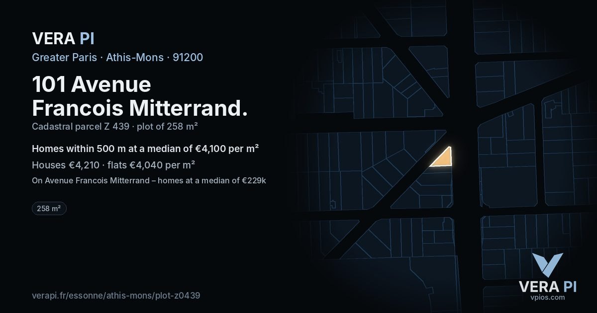 101 Avenue Francois Mitterrand, Athis-Mons at night – the plot lit, the parcels around coloured by the prices near them