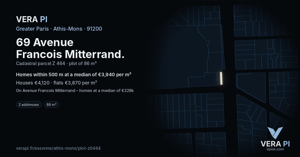 69 Avenue Francois Mitterrand, Athis-Mons at night – the plot lit, the parcels around coloured by the prices near them