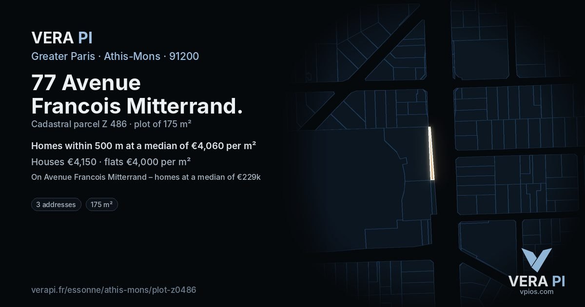 77 Avenue Francois Mitterrand, Athis-Mons at night – the plot lit, the parcels around coloured by the prices near them