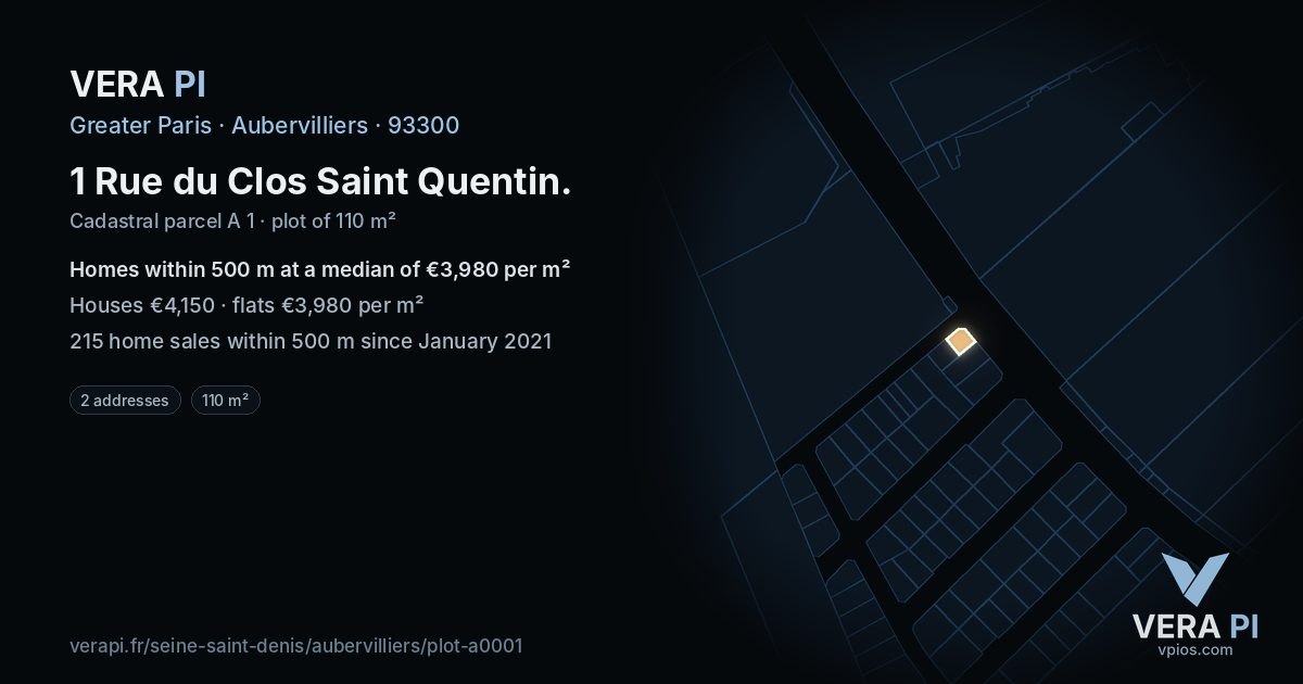 1 Rue du Clos Saint Quentin, Aubervilliers at night – the plot lit, the parcels around coloured by the prices near them