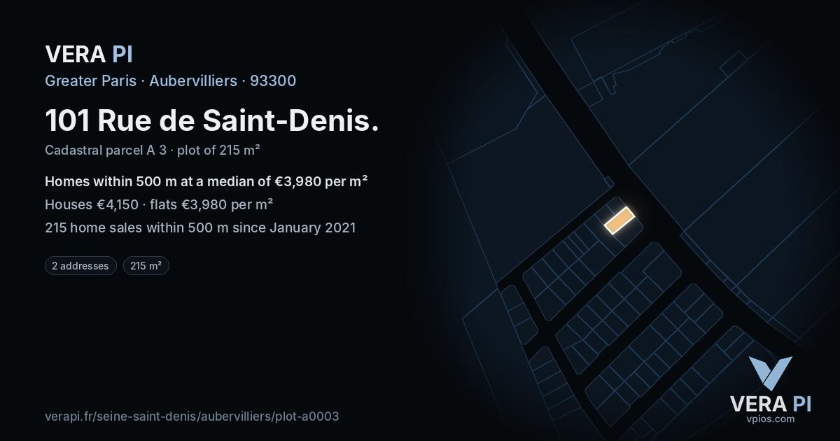 101 Rue de Saint-Denis, Aubervilliers at night – the plot lit, the parcels around coloured by the prices near them