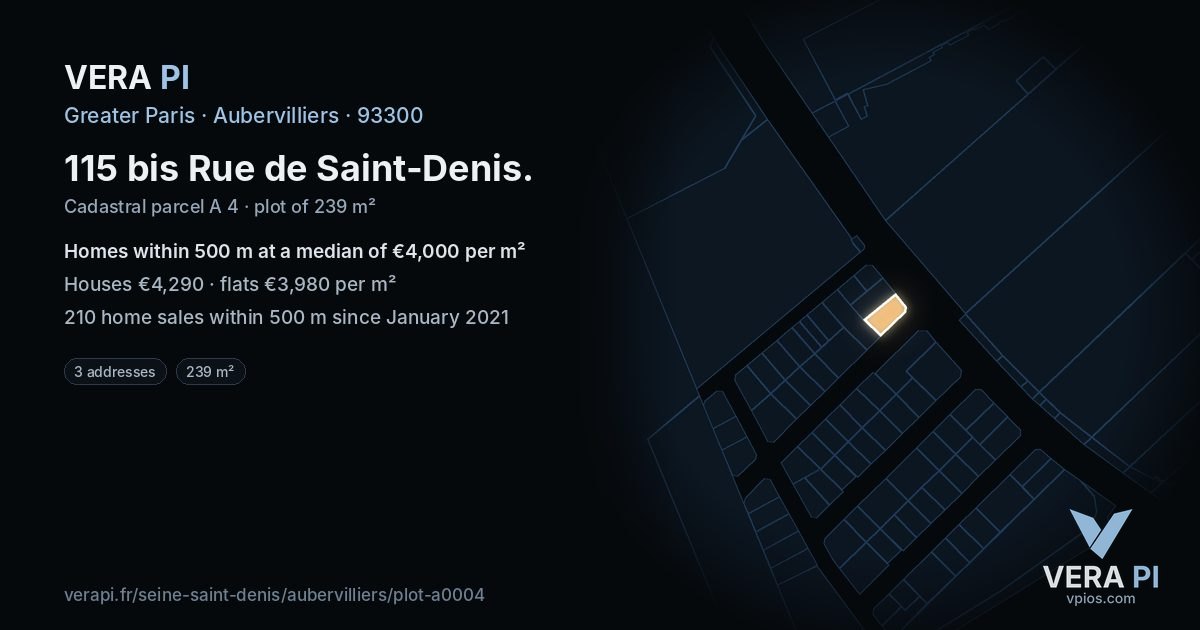 115 bis Rue de Saint-Denis, Aubervilliers at night – the plot lit, the parcels around coloured by the prices near them