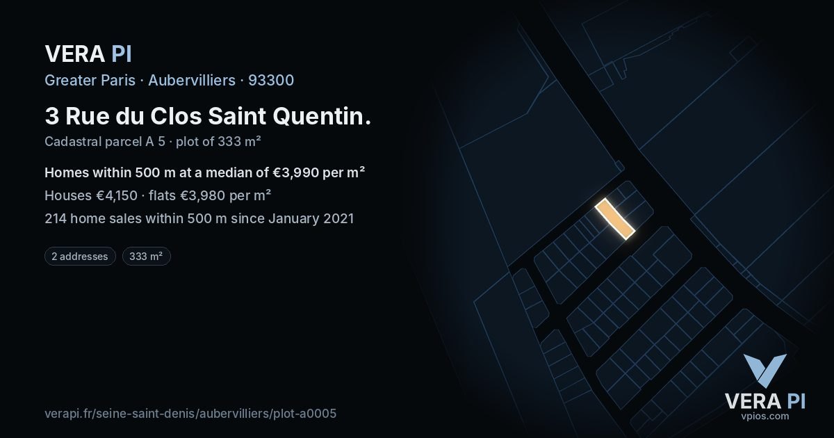 3 Rue du Clos Saint Quentin, Aubervilliers at night – the plot lit, the parcels around coloured by the prices near them