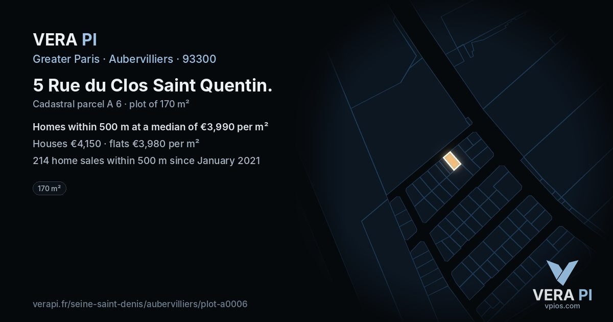 5 Rue du Clos Saint Quentin, Aubervilliers at night – the plot lit, the parcels around coloured by the prices near them
