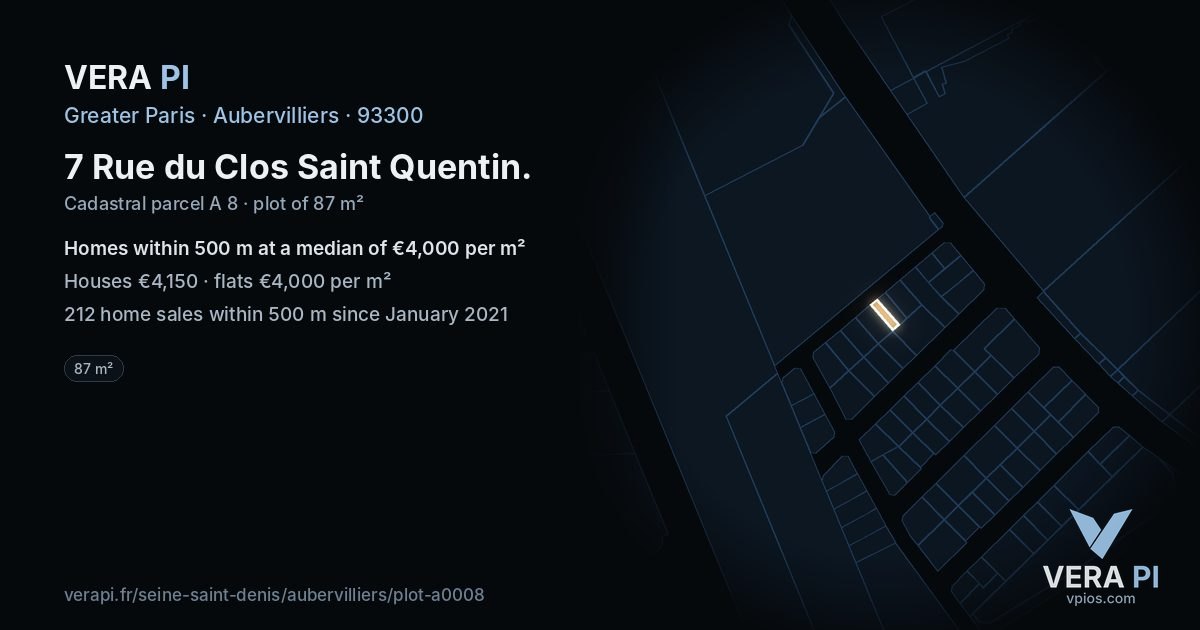 7 Rue du Clos Saint Quentin, Aubervilliers at night – the plot lit, the parcels around coloured by the prices near them