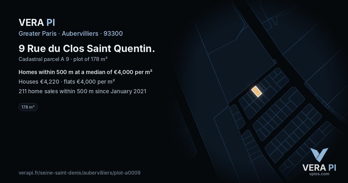 9 Rue du Clos Saint Quentin, Aubervilliers at night – the plot lit, the parcels around coloured by the prices near them