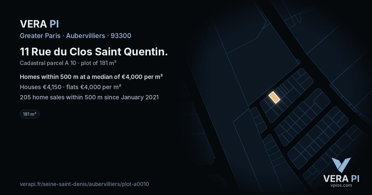 11 Rue du Clos Saint Quentin, Aubervilliers at night – the plot lit, the parcels around coloured by the prices near them