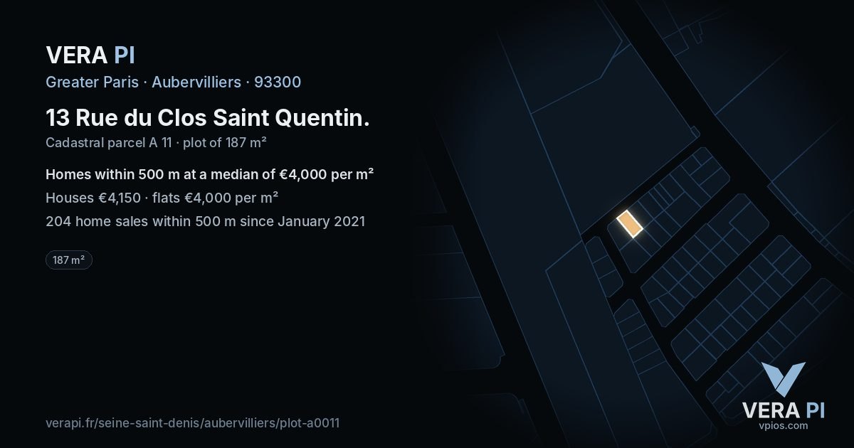 13 Rue du Clos Saint Quentin, Aubervilliers at night – the plot lit, the parcels around coloured by the prices near them