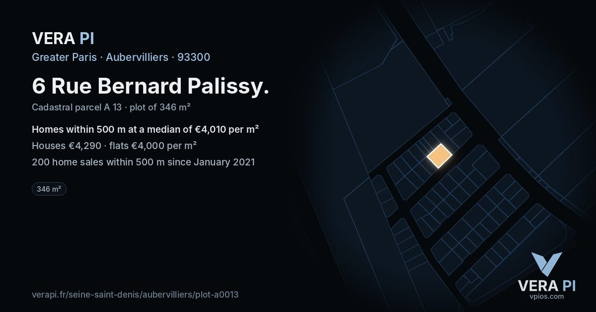 6 Rue Bernard Palissy, Aubervilliers at night – the plot lit, the parcels around coloured by the prices near them