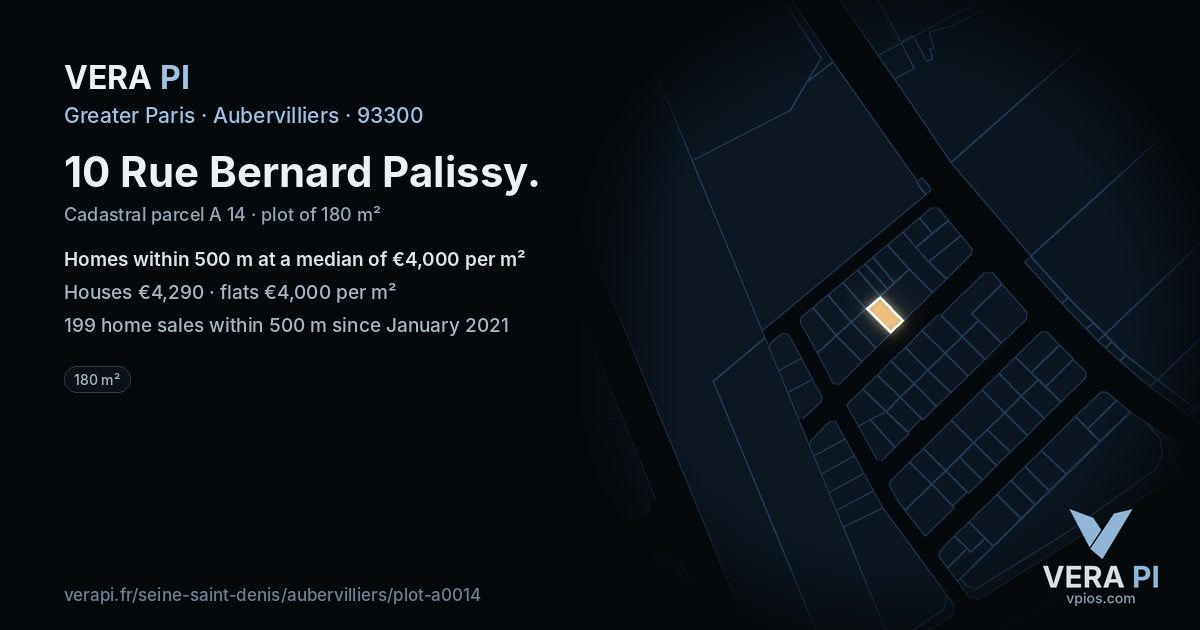 10 Rue Bernard Palissy, Aubervilliers at night – the plot lit, the parcels around coloured by the prices near them