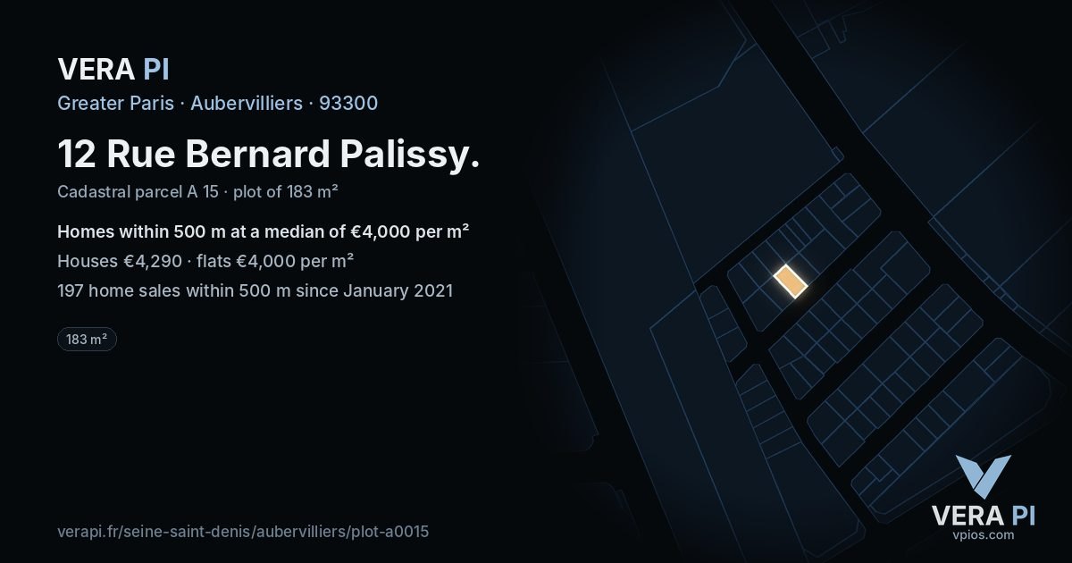 12 Rue Bernard Palissy, Aubervilliers at night – the plot lit, the parcels around coloured by the prices near them