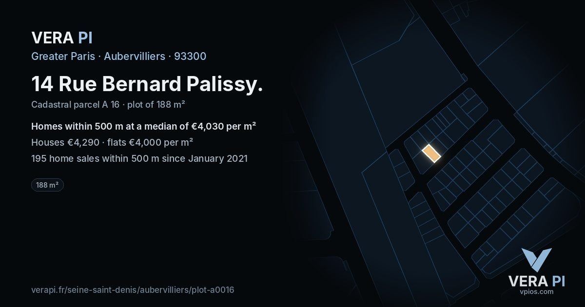 14 Rue Bernard Palissy, Aubervilliers at night – the plot lit, the parcels around coloured by the prices near them
