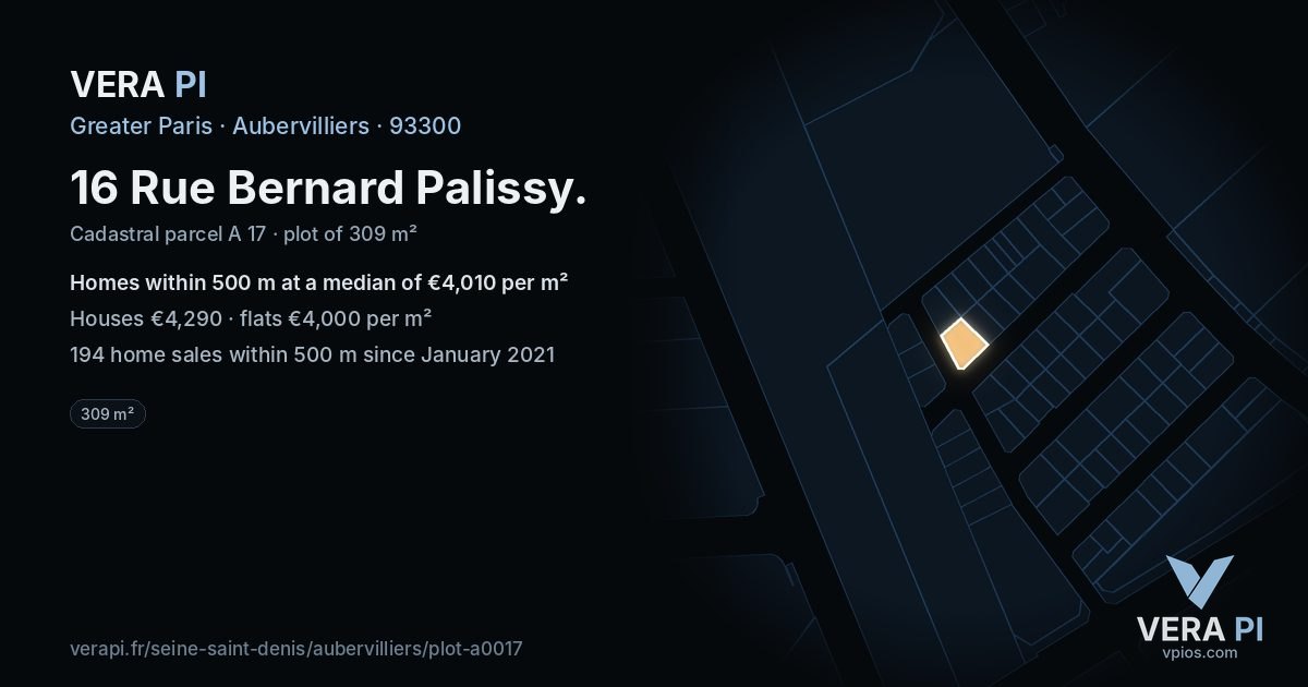 16 Rue Bernard Palissy, Aubervilliers at night – the plot lit, the parcels around coloured by the prices near them