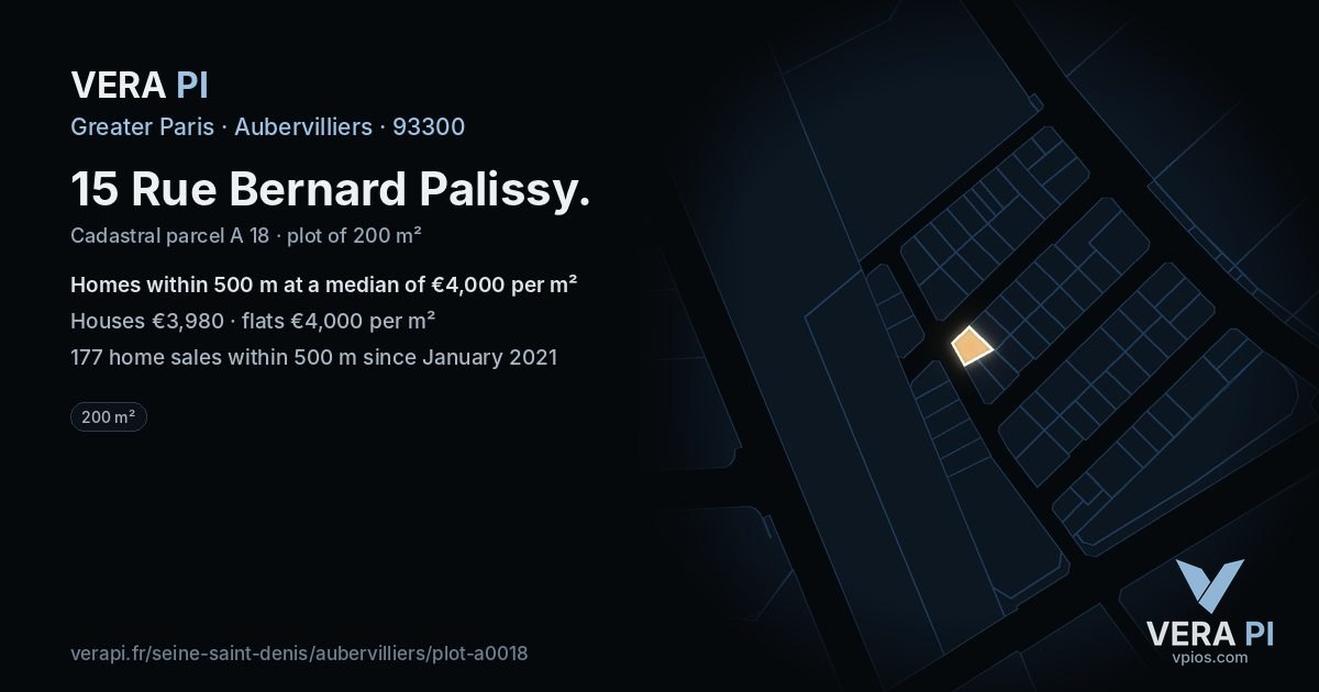 15 Rue Bernard Palissy, Aubervilliers at night – the plot lit, the parcels around coloured by the prices near them
