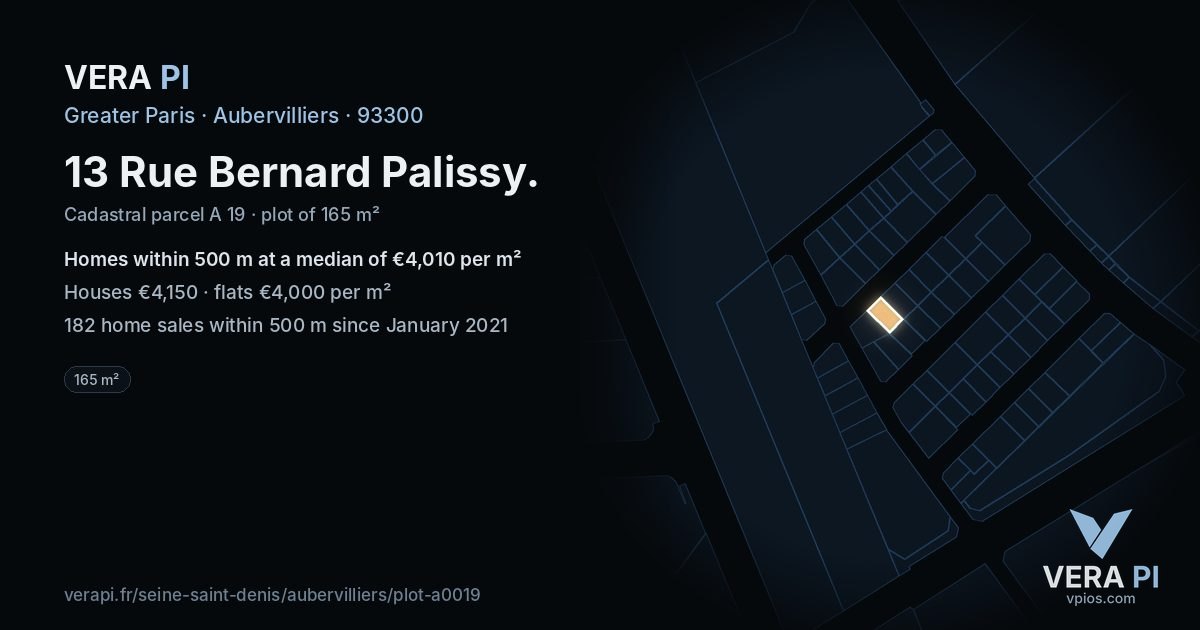 13 Rue Bernard Palissy, Aubervilliers at night – the plot lit, the parcels around coloured by the prices near them
