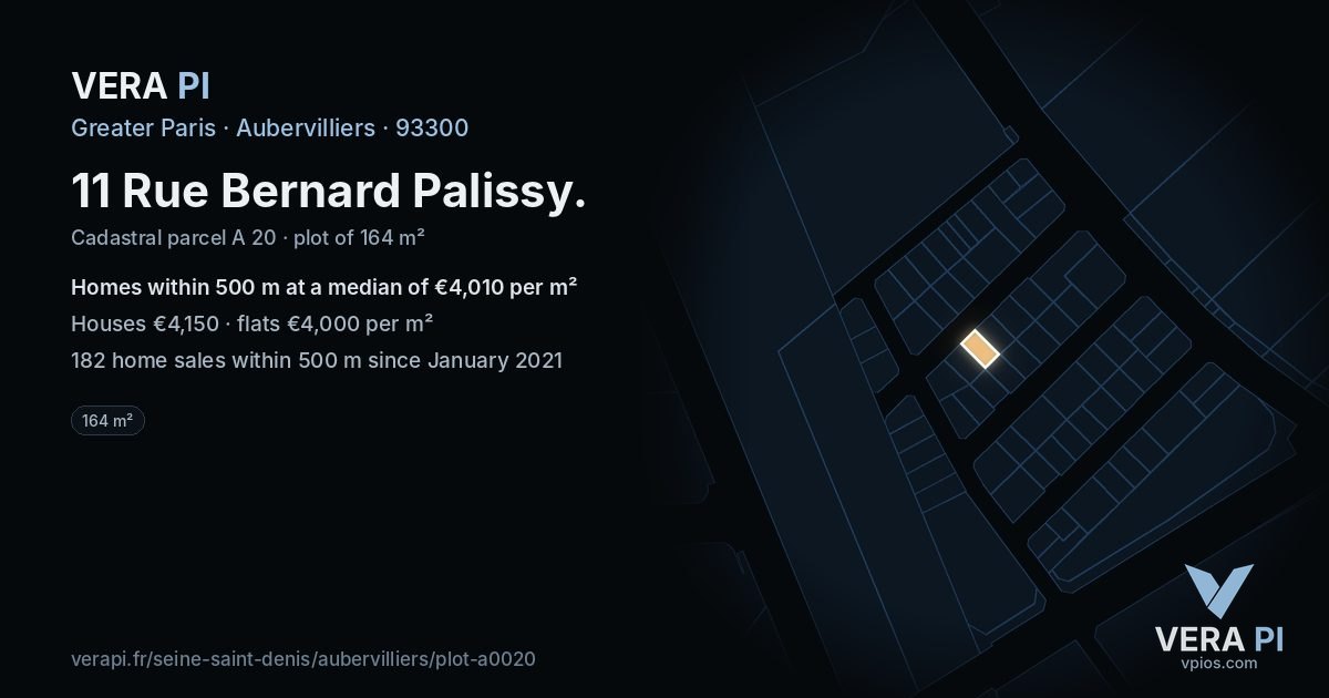 11 Rue Bernard Palissy, Aubervilliers at night – the plot lit, the parcels around coloured by the prices near them