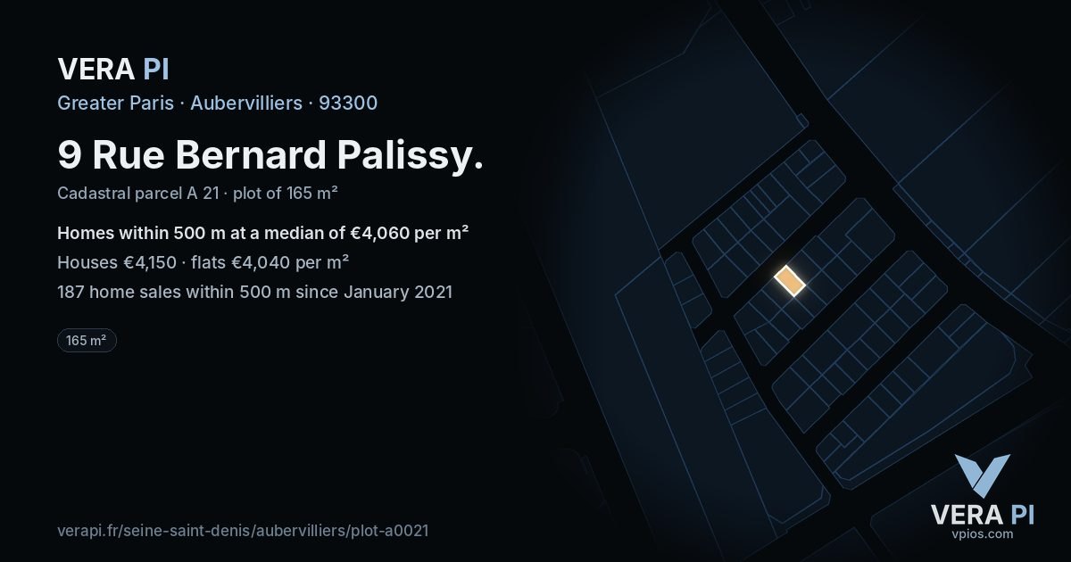 9 Rue Bernard Palissy, Aubervilliers at night – the plot lit, the parcels around coloured by the prices near them