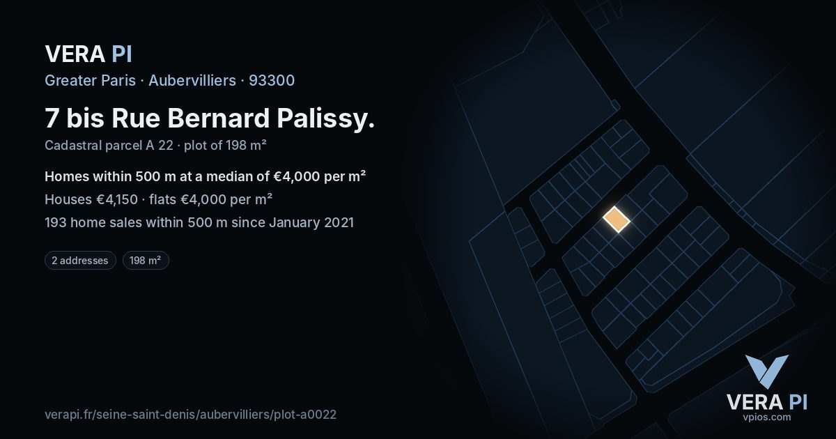 7 bis Rue Bernard Palissy, Aubervilliers at night – the plot lit, the parcels around coloured by the prices near them
