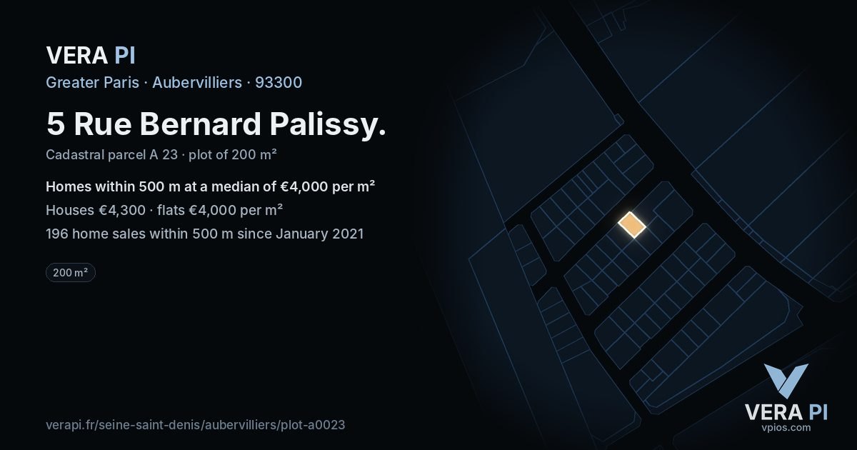 5 Rue Bernard Palissy, Aubervilliers at night – the plot lit, the parcels around coloured by the prices near them