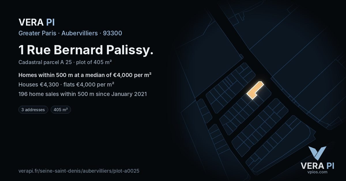 1 Rue Bernard Palissy, Aubervilliers at night – the plot lit, the parcels around coloured by the prices near them