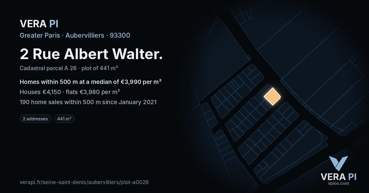 2 Rue Albert Walter, Aubervilliers at night – the plot lit, the parcels around coloured by the prices near them