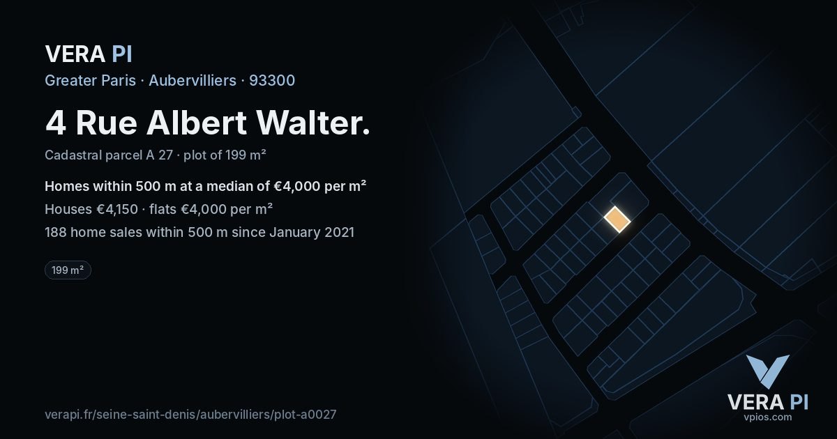 4 Rue Albert Walter, Aubervilliers at night – the plot lit, the parcels around coloured by the prices near them