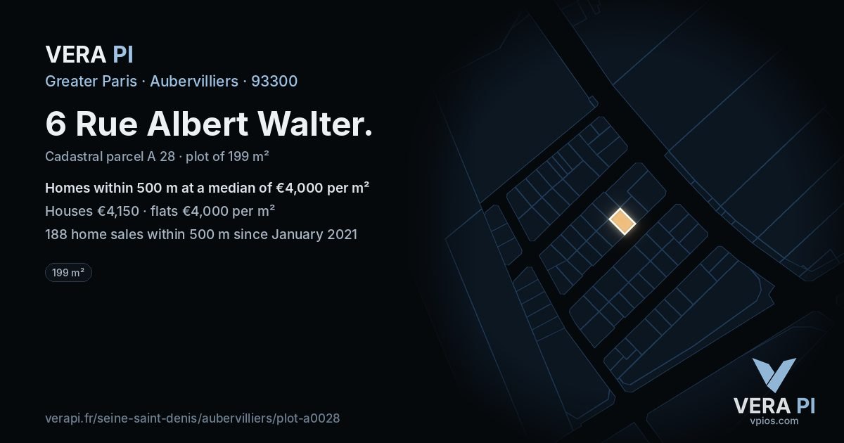 6 Rue Albert Walter, Aubervilliers at night – the plot lit, the parcels around coloured by the prices near them