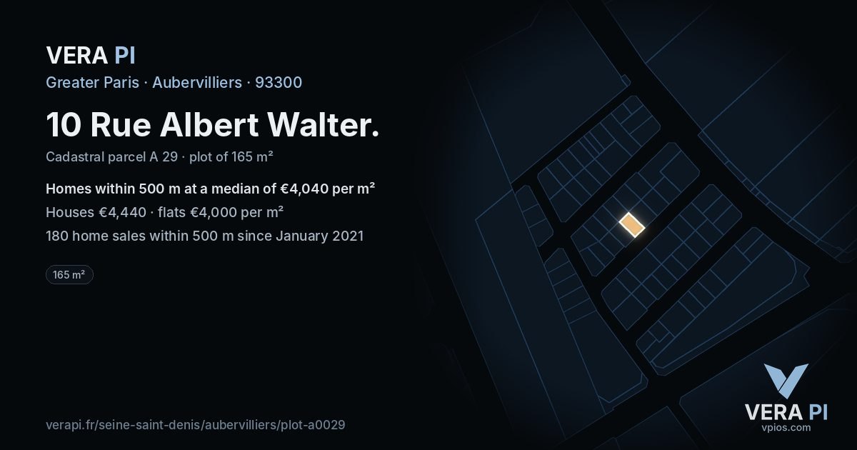 10 Rue Albert Walter, Aubervilliers at night – the plot lit, the parcels around coloured by the prices near them