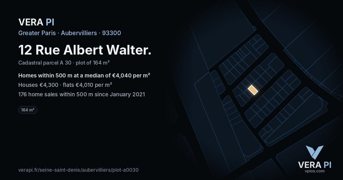 12 Rue Albert Walter, Aubervilliers at night – the plot lit, the parcels around coloured by the prices near them