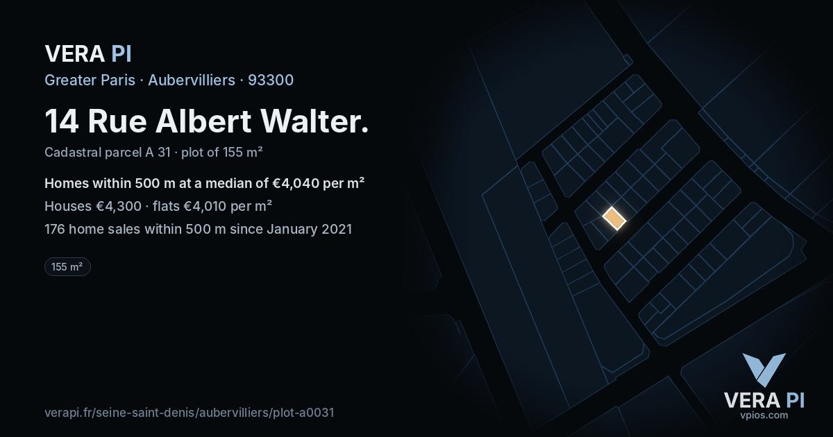 14 Rue Albert Walter, Aubervilliers at night – the plot lit, the parcels around coloured by the prices near them