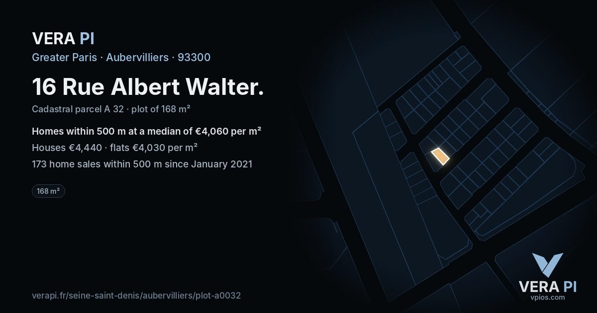16 Rue Albert Walter, Aubervilliers at night – the plot lit, the parcels around coloured by the prices near them