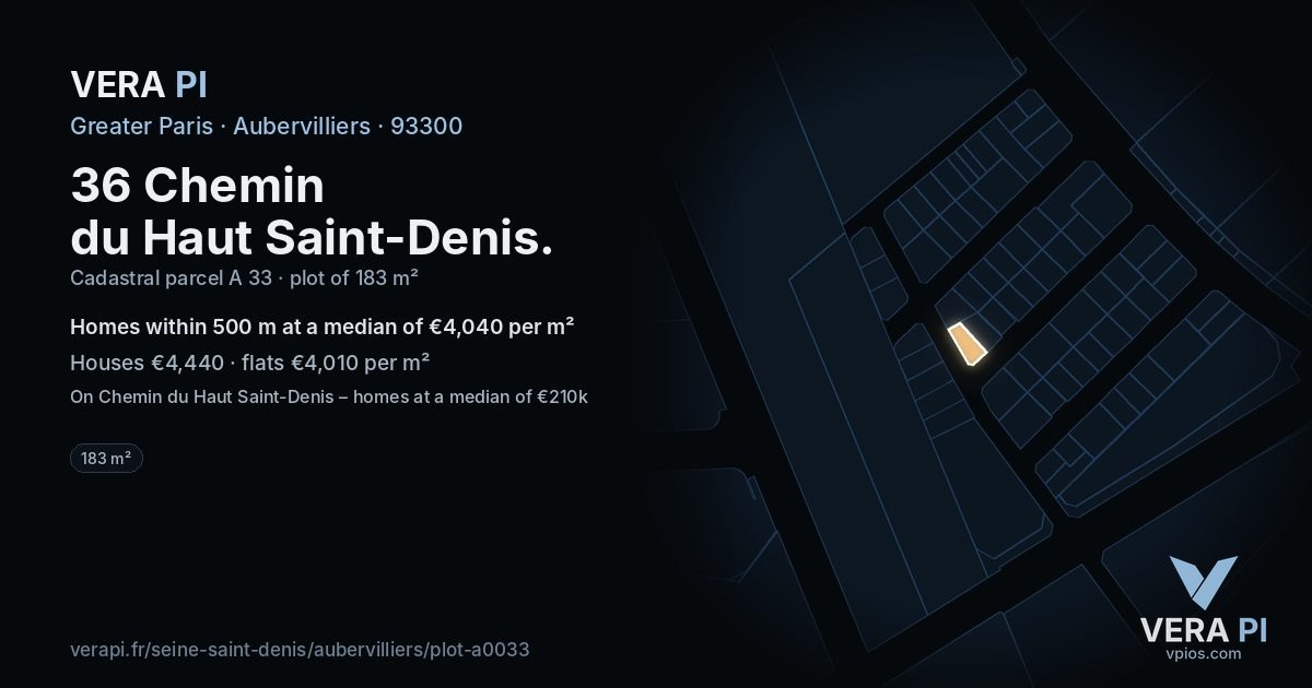 36 Chemin du Haut Saint-Denis, Aubervilliers at night – the plot lit, the parcels around coloured by the prices near them