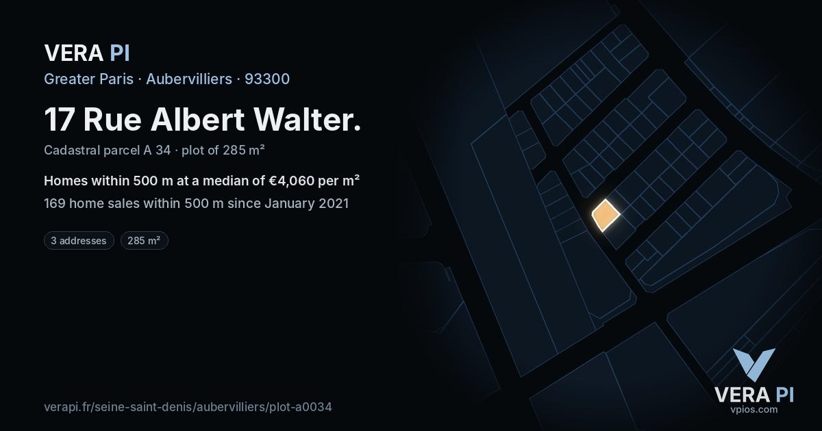17 Rue Albert Walter, Aubervilliers at night – the plot lit, the parcels around coloured by the prices near them