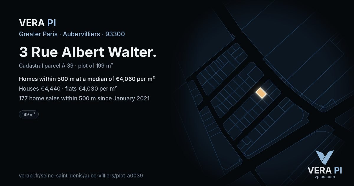 3 Rue Albert Walter, Aubervilliers at night – the plot lit, the parcels around coloured by the prices near them
