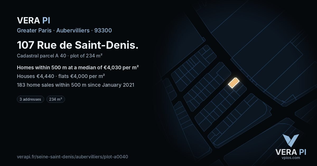 107 Rue de Saint-Denis, Aubervilliers at night – the plot lit, the parcels around coloured by the prices near them
