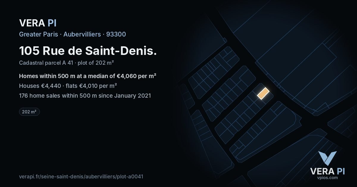 105 Rue de Saint-Denis, Aubervilliers at night – the plot lit, the parcels around coloured by the prices near them