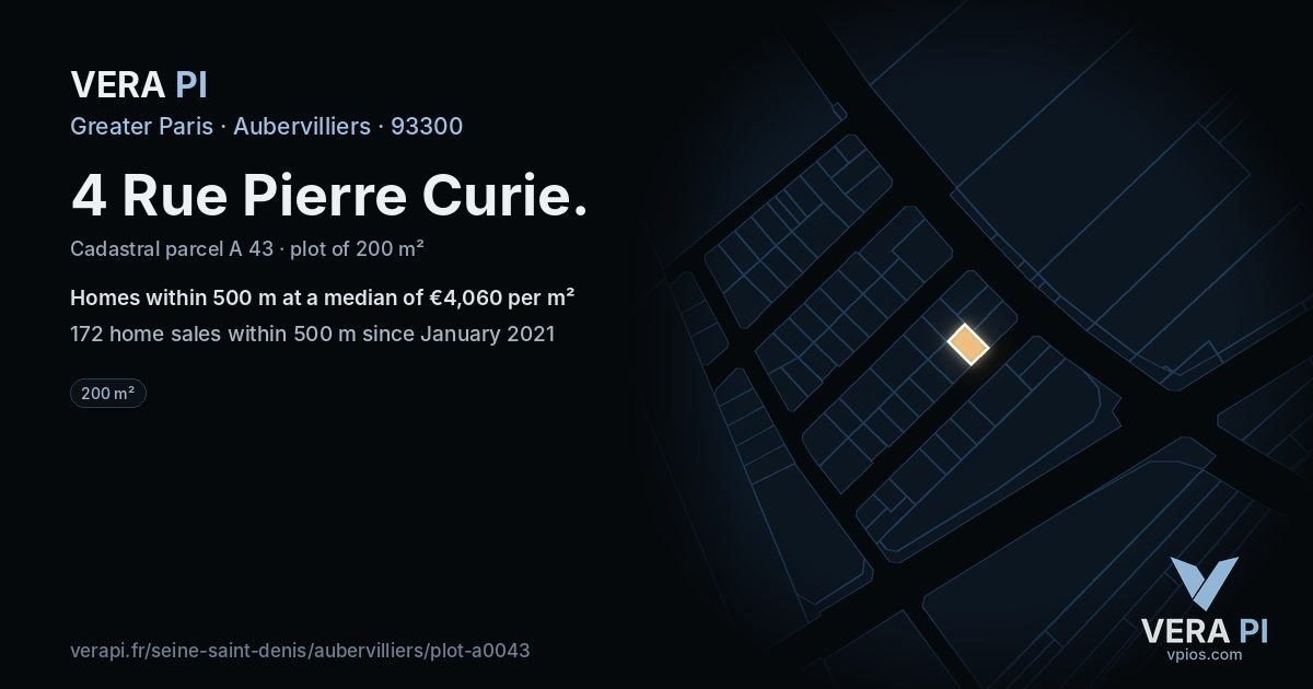 4 Rue Pierre Curie, Aubervilliers at night – the plot lit, the parcels around coloured by the prices near them
