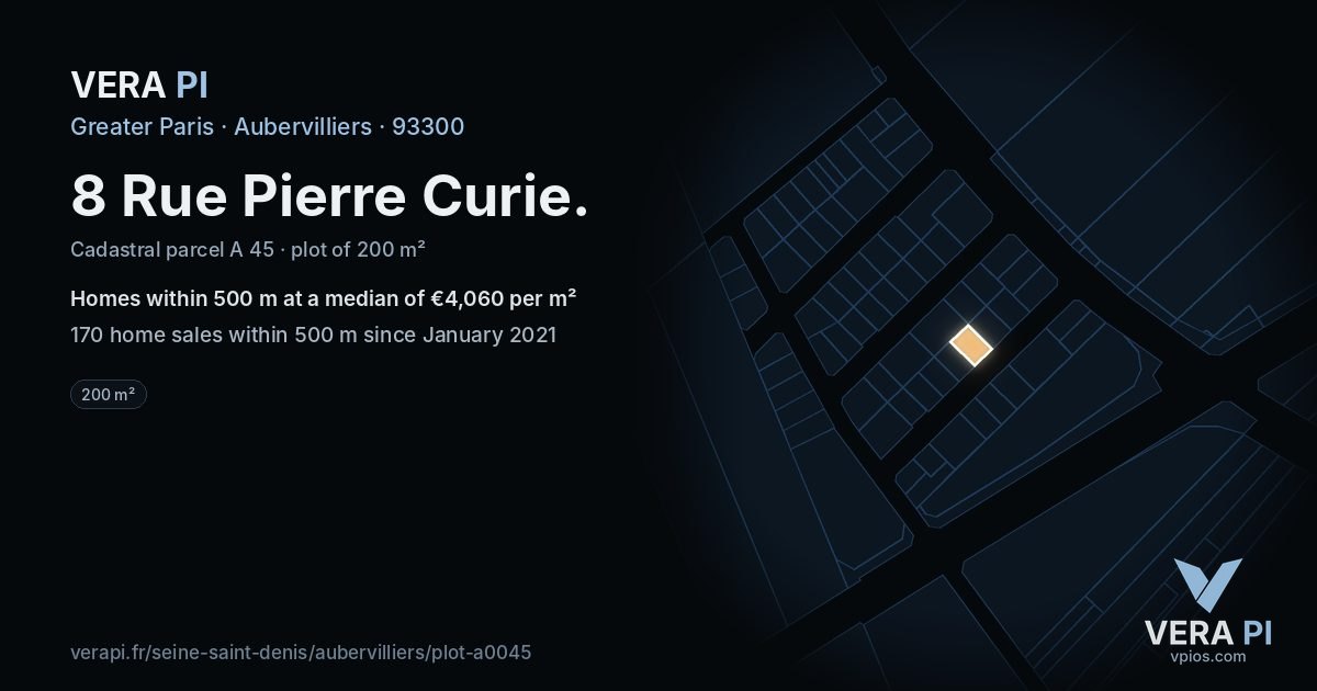 8 Rue Pierre Curie, Aubervilliers at night – the plot lit, the parcels around coloured by the prices near them