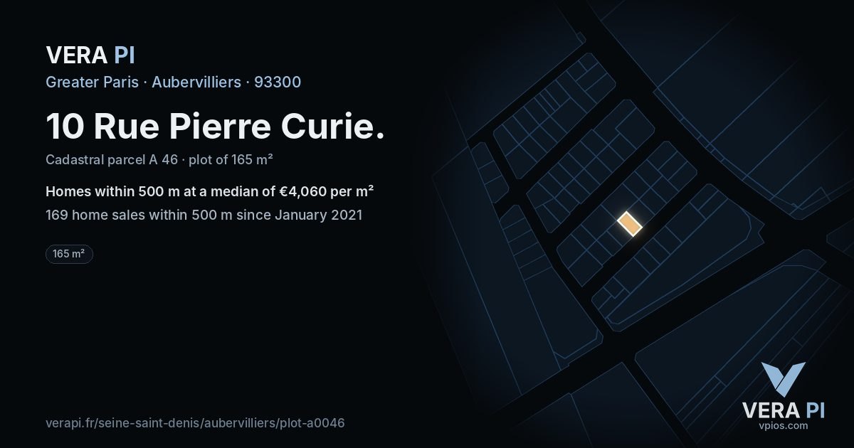10 Rue Pierre Curie, Aubervilliers at night – the plot lit, the parcels around coloured by the prices near them