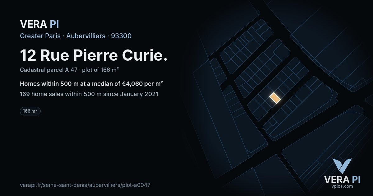 12 Rue Pierre Curie, Aubervilliers at night – the plot lit, the parcels around coloured by the prices near them