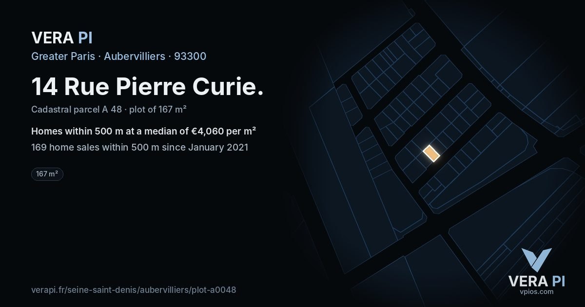 14 Rue Pierre Curie, Aubervilliers at night – the plot lit, the parcels around coloured by the prices near them