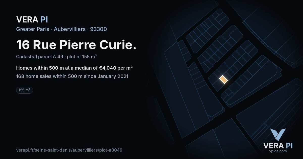 16 Rue Pierre Curie, Aubervilliers at night – the plot lit, the parcels around coloured by the prices near them