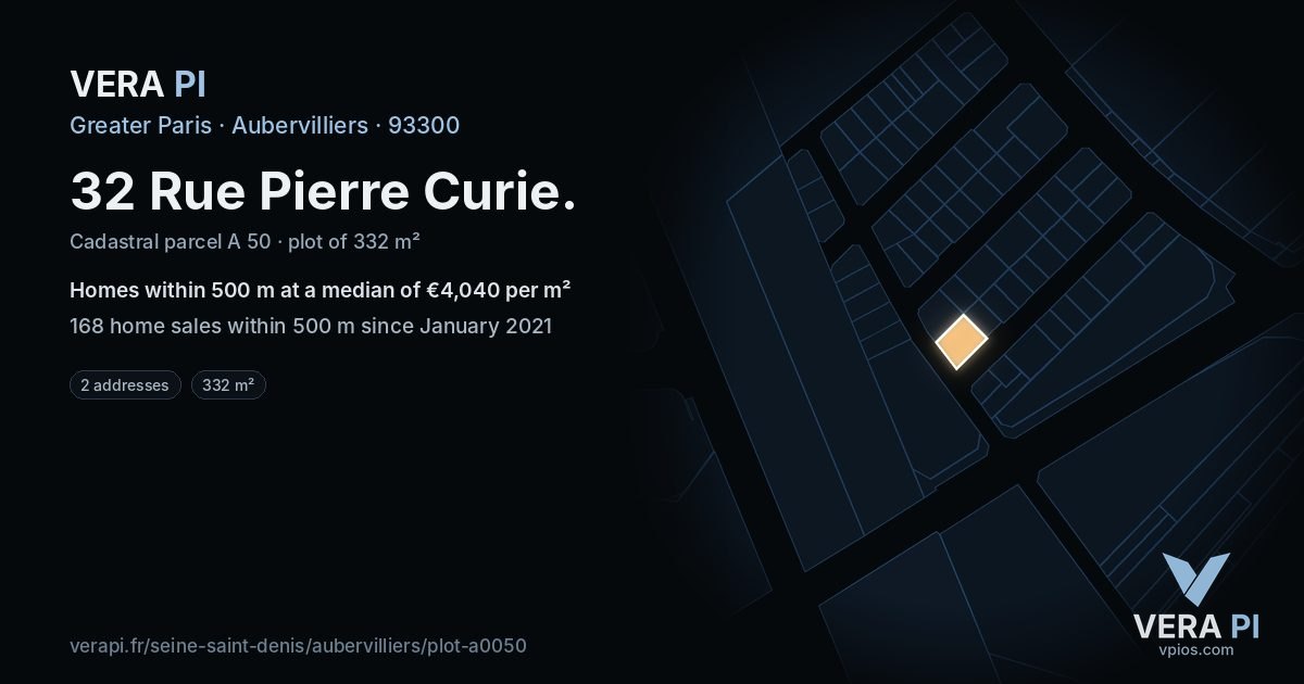 32 Rue Pierre Curie, Aubervilliers at night – the plot lit, the parcels around coloured by the prices near them