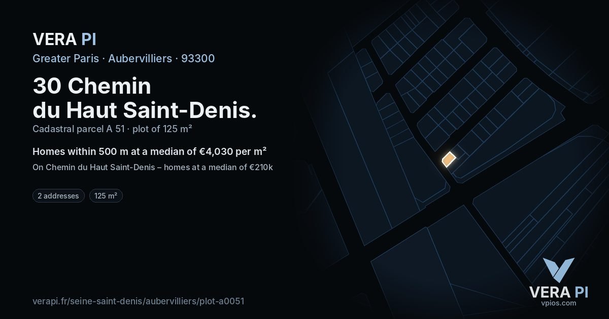 30 Chemin du Haut Saint-Denis, Aubervilliers at night – the plot lit, the parcels around coloured by the prices near them